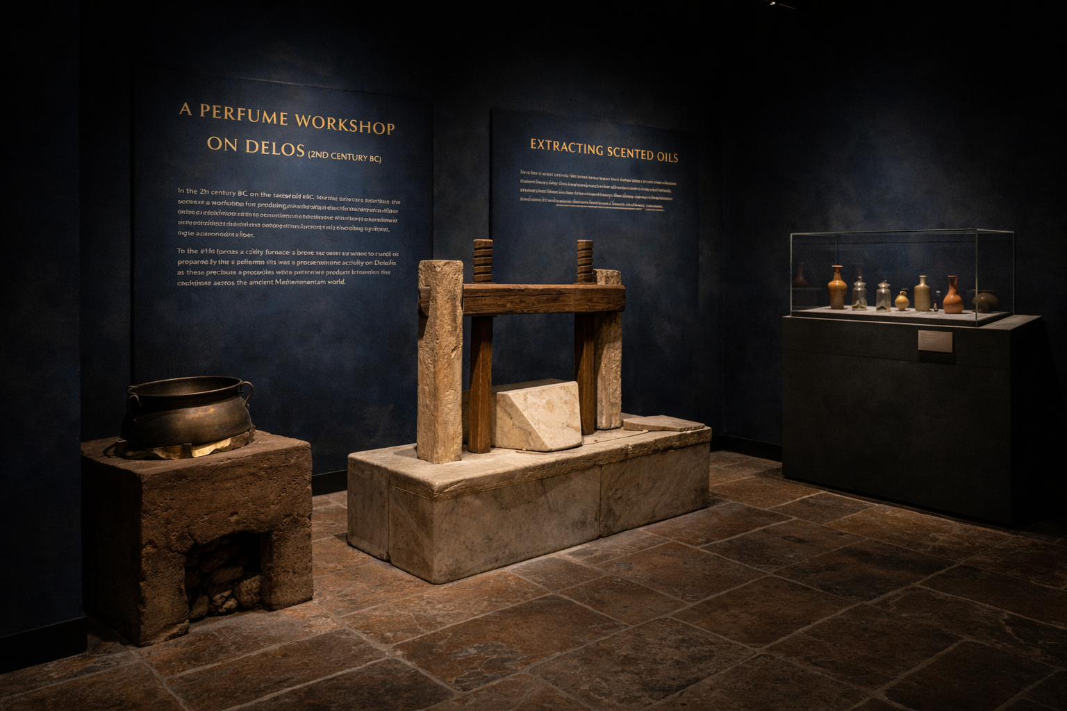 Reconstructed ancient perfume workshop on Delos with stone press and cauldron
