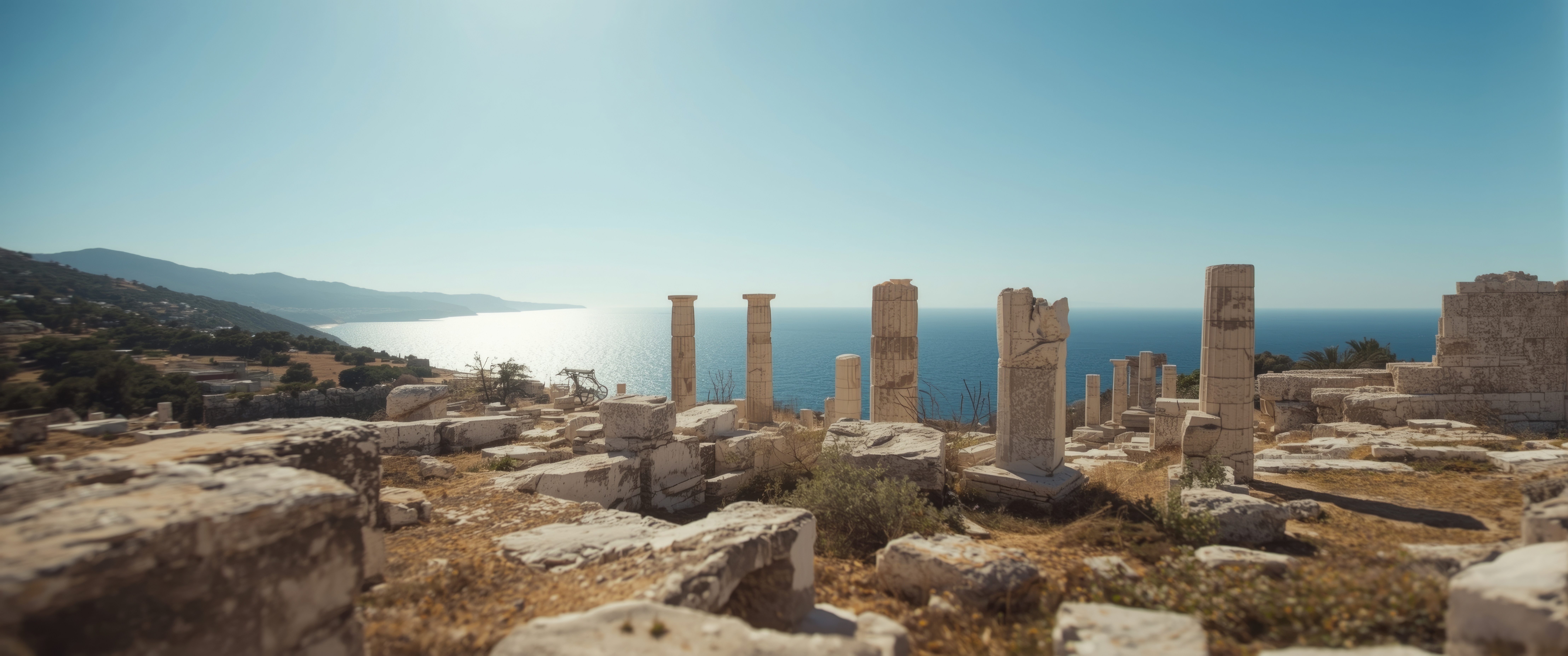 Panoramic view of the ancient ruins of Delos island with the Aegean Sea
