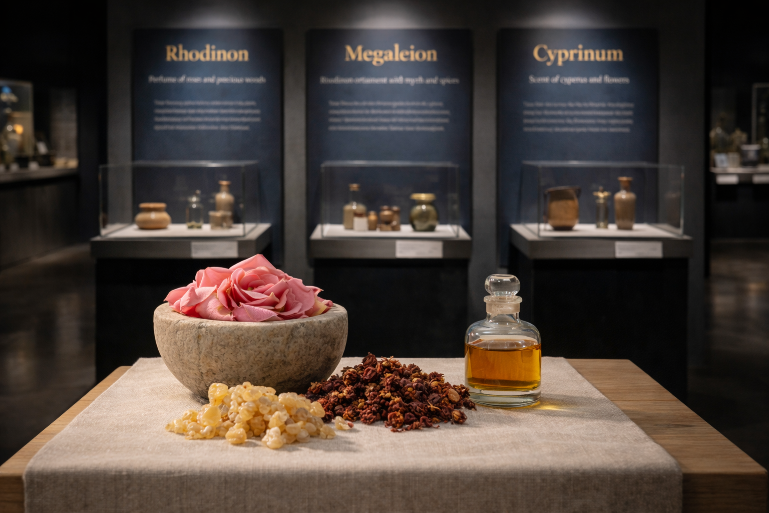 Rhodinon, Megaleion and Cyprinum — ancient perfume formulas with raw ingredients